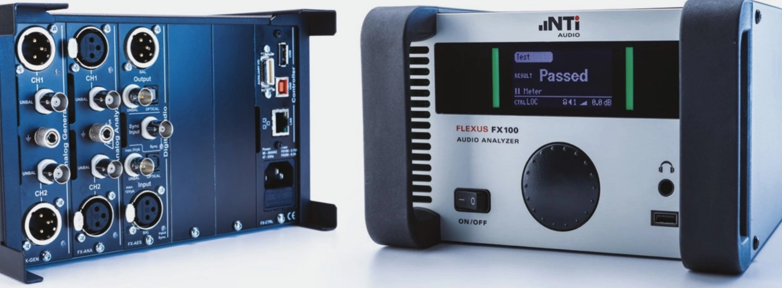 Analizador de audio Flexus FX100 de NTi Audio para control de calidad.